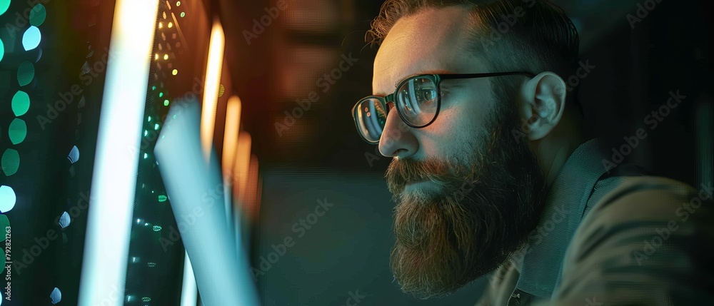 Poster a bearded it specialist in glasses works on a laptop at the server rack in a data center. he is doin