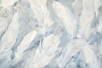 Featherlight Whispers: Soft Textures of Gentle White Feathers. Depict an expanse of feathers, each one a soft stroke of white against a canvas of dawn's gentle light