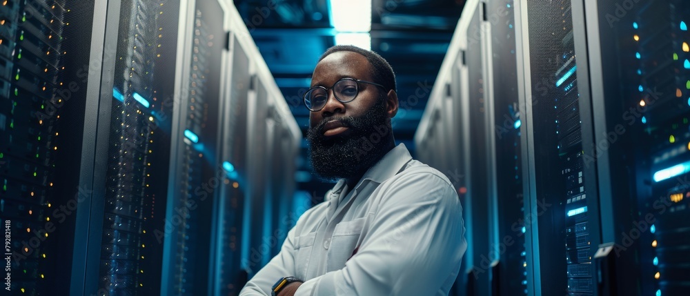 Poster a black it engineer standing in the middle of a working data center server room with a rack of serve
