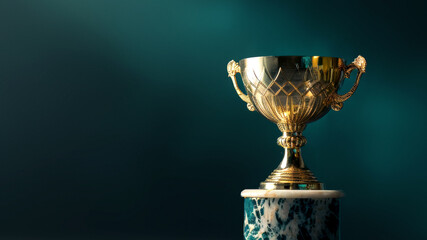 A single elegant gold trophy on a marble base, centered on a dark background with a subtle spotlight effect, conveying success. Symbol of Triumph: Golden Trophy on Marble Pedestal