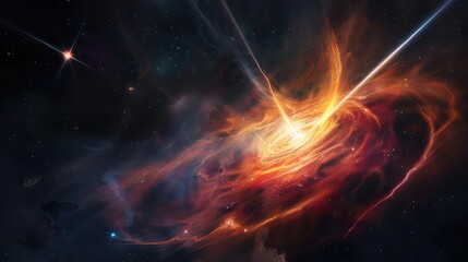 A stunning depiction of a distant quasar, with its supermassive black hole accreting matter and emitting powerful jets of energy into the cosmos.