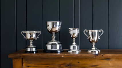 Prestige and Achievement: Classic Silver Trophy Ensemble. Three varying sizes of silver trophies arranged in ascending order on a sleek wooden surface against a deep navy backdrop