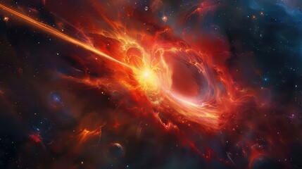 A stunning depiction of a distant quasar, with its supermassive black hole accreting matter and emitting powerful jets of energy into the cosmos.