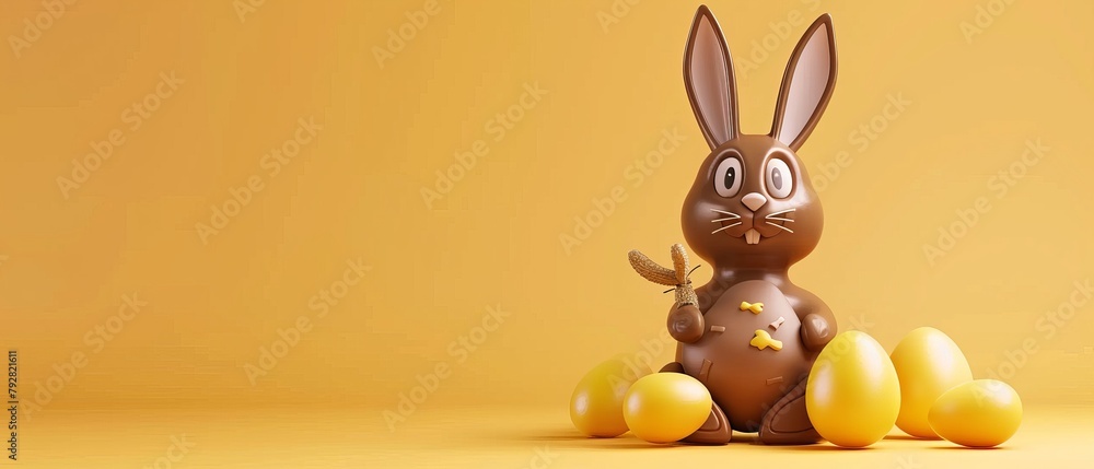 Poster three-dimensional rendering of a chocolate bunny and egg on yellow background for easter.