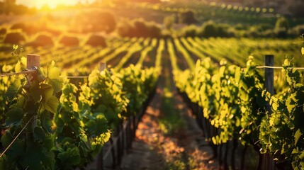A sun-drenched vineyard stretching to the horizon, rows of lush grapevines bathed in golden light.