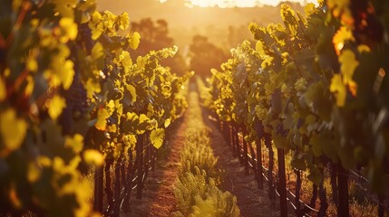 A sun-drenched vineyard stretching to the horizon, rows of lush grapevines bathed in golden light.