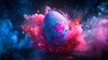 Obraz na płótnie Canvas easter egg in a color explosion or splash on dark background neon colors