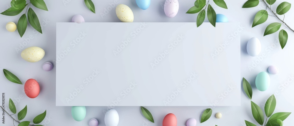 Poster an easter egg design on a white background with a green leaf pattern. creative 3d rendering.