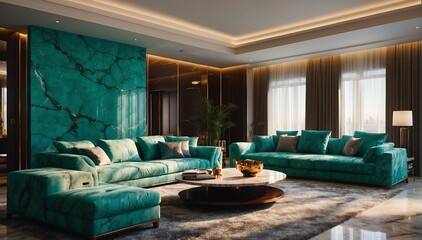 teal marble theme penthouse living room luxury unit with sofa and morning sunlight rays from Generative AI
