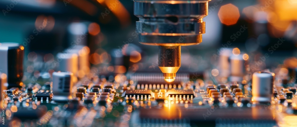 Poster this is a macro shot of an electronic factory machine in operation, where a printed circuit board is