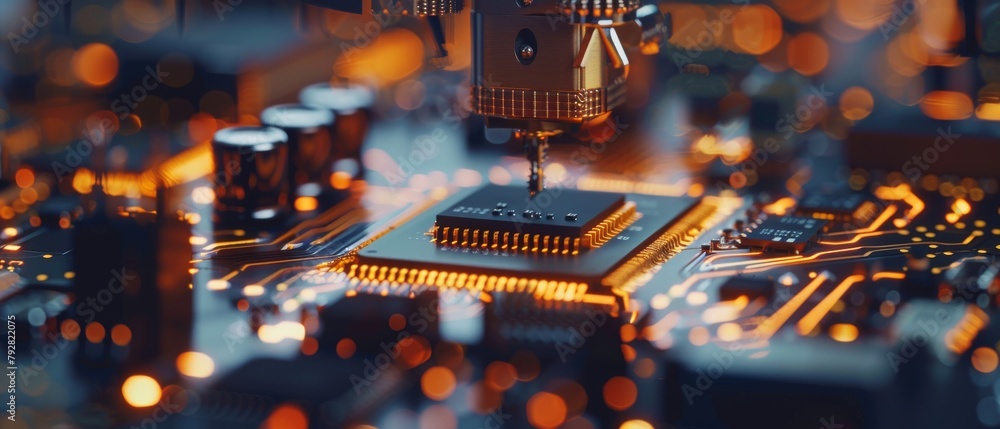 Poster close-up macro shot of automated factory machine assembling printed circuit boards (pcb), surface mo