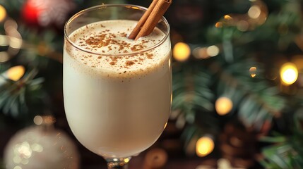 A tall glass of creamy eggnog, garnished with a sprinkle of nutmeg and a cinnamon stick, evoking...