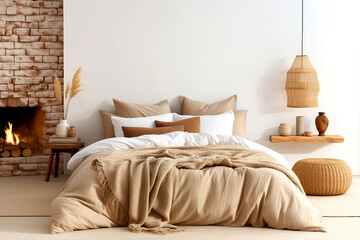 Bed with beige bedding near fireplace. Loft interior design of modern bedroom.