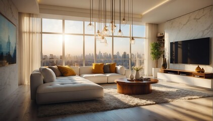 white wood theme penthouse living room luxury unit with sofa and morning sunlight rays from Generative AI - obrazy, fototapety, plakaty