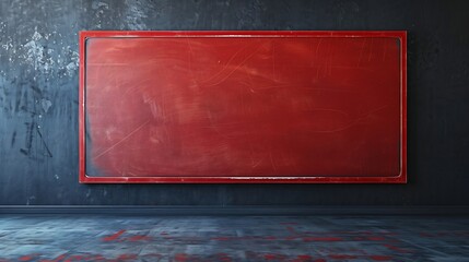 A large red blackboard sits against a dark wall. The board is empty, with no writing on it. The room is bare and empty, with no furniture or decorations