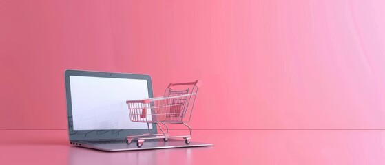 Shopping cart with laptop on pink background. 3D rendering.