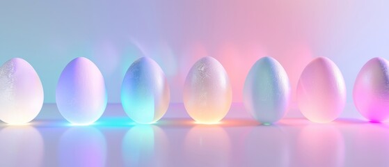 A 3D rendering of an eggshell with neon lights in pastel colors. A concept for Easter. - obrazy, fototapety, plakaty