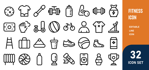 Fitness Line Editable Icons set. Vector illustration in modern thin line style of sport related icons types of physical activity, proper nutrition, and sports equipment