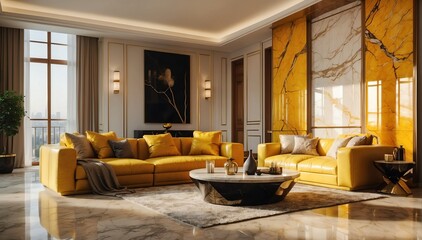 yellow marble theme penthouse living room luxury unit with sofa and morning sunlight rays from Generative AI - obrazy, fototapety, plakaty