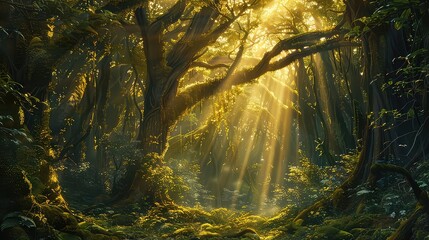 Golden sunlight streaming through a dense forest canopy, illuminating the moss-covered forest floor below.