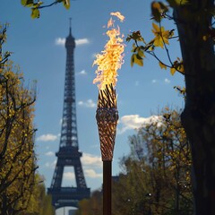 Olympic flame with the Eiffel Tower in the background. Olympic games. - obrazy, fototapety, plakaty