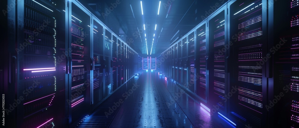 Poster data center with rows of fully operating server racks. telecommunications, cloud computing, artifici
