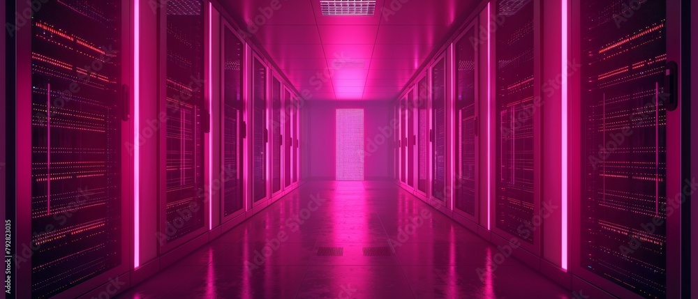 Poster an image of a dark data center with multiple rows of fully operational server racks. the modern tele