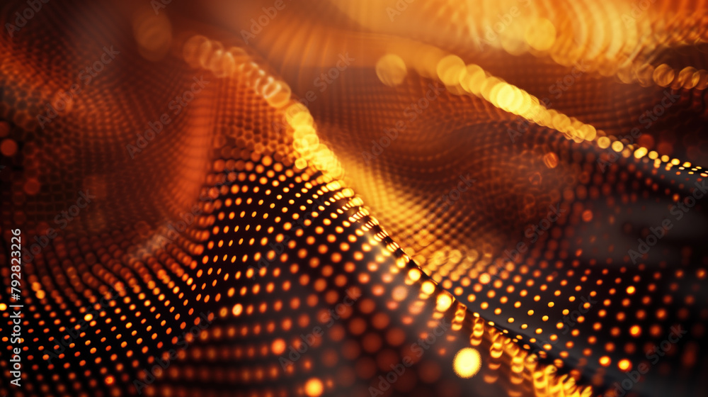 Poster warm orange glowing grid of dots with abstract wave pattern.