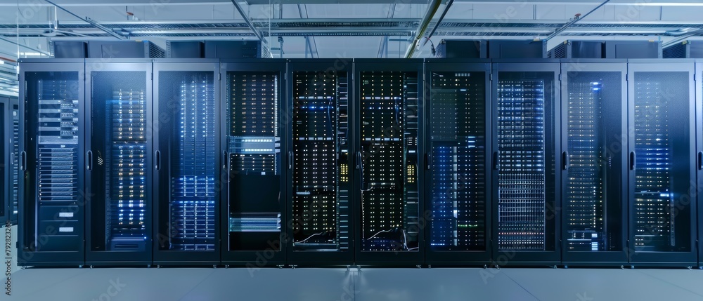 Poster in the background, you can see multiple rows of fully operational server racks. you can also see a m