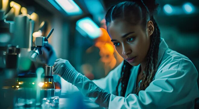 Setting is science-fiction field operations testing,Nubian scientist,r DNA makes her a perfect match,Sophisticated lab equipment