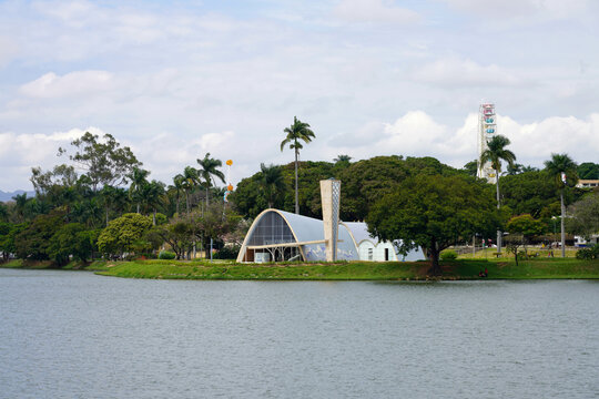 BELO HORIZONTE, BRAZIL - APRIL 12, 2024: Pampulha Lake with the church of Saint Francis of Assisi, UNESCO world heritage site in Belo Horizonte, Brazil