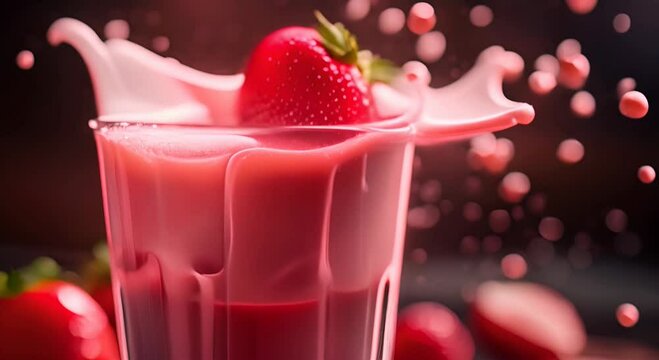 food photography, strawberry milk splashing out of glass with black background, product shot, high resolution