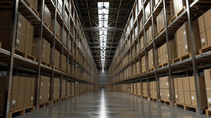 Fototapeta premium Aisle between towering steel pallet racks, crammed with hefty crates, cast in the harsh, clean light of bright white lamps, perfect for themes of logistics and heavy-duty storage