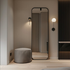 The interior of a modern hallway with a large vertical mirror in a black frame with two sconces on the sides, a wardrobe with glass doors, a round gray ottoman, light gray walls, and a wooden floor.