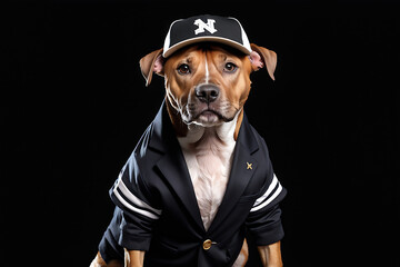 Friendly American Stafford terrier dog in cool blazer jacket and baseball cap like rapper isolated...
