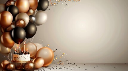 Bright and lively birthday backdrop featuring a myriad of colorful balloons and a beautifully decorated cake with glowing candles, with space for text