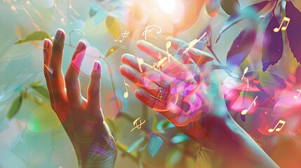 Generate an abstract image featuring woman's hands delicately touching floating music notes against...