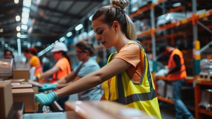 Earth-toned backdrop in a bustling warehouse where workers in reflective vests scan items, a perfect blend of color and activity highlighting industry and safety, close-up