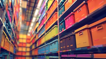 Endless rows of ceiling-high shelving, filled with boxes in a spectrum of colors under soft, warm lighting, perfect for depicting organized bulk storage in commercial settings - obrazy, fototapety, plakaty