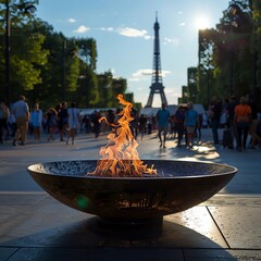 Olympic flame with the Eiffel Tower in the background. Olympic games.