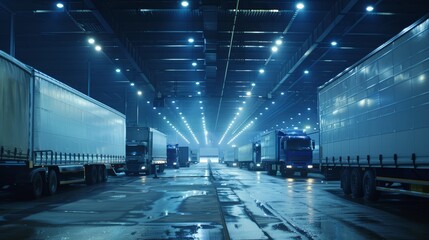 Obraz premium Fluorescent lights cast a severe glow on the loading dock, where workers and trucks move in a choreographed rush to manage logistics efficiently, close-up