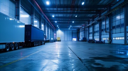 Fluorescent lights cast a severe glow on the loading dock, where workers and trucks move in a choreographed rush to manage logistics efficiently, close-up - obrazy, fototapety, plakaty