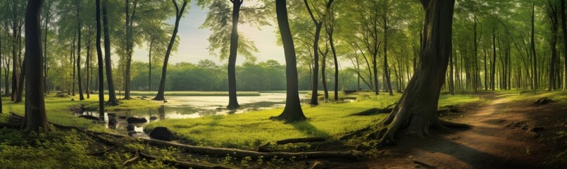 a path is lined with trees and water - obrazy, fototapety, plakaty