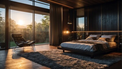 black wood theme penthouse bedroom luxury unit and morning sunlight rays from Generative AI - obrazy, fototapety, plakaty