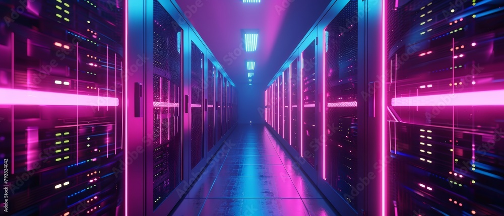 Poster various rows of fully functional computer servers in a data center. telecommunications, ai, and supe