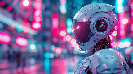 A close up of a robot's face with a futuristic city in the background
