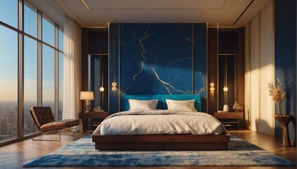 blue marble penthouse bedroom luxury unit and morning theme penthouse bedroom luxury unit and morning sunlight rays from Generative AI - obrazy, fototapety, plakaty