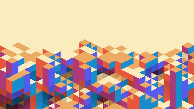 3D cubes loop. Isometric geometric mosaic pattern of colorful orange and blue blocks with copy space at top.
