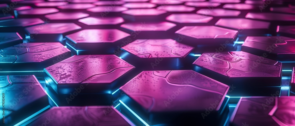 Poster background with hexagonal neon lights. 3d rendering