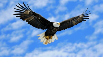 An HD majestic Bald Eagle soaring gracefully against a vibrant blue sky, its wings outstretched in freedom